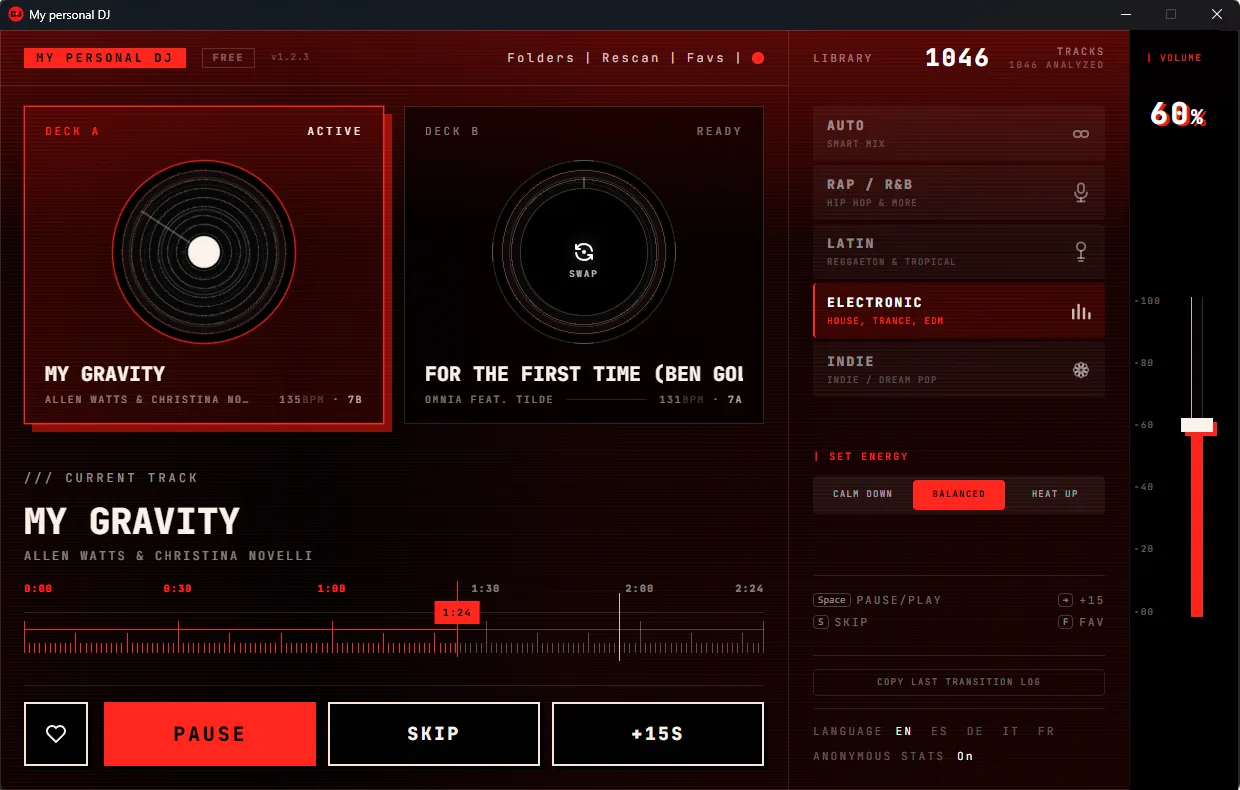 My Personal DJ - automatic DJ app for Windows showing local music library with automatic crossfade transitions