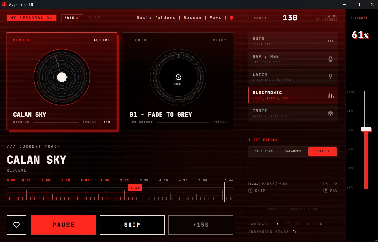 My Personal DJ - automatic DJ app for Windows showing local music library with automatic crossfade transitions