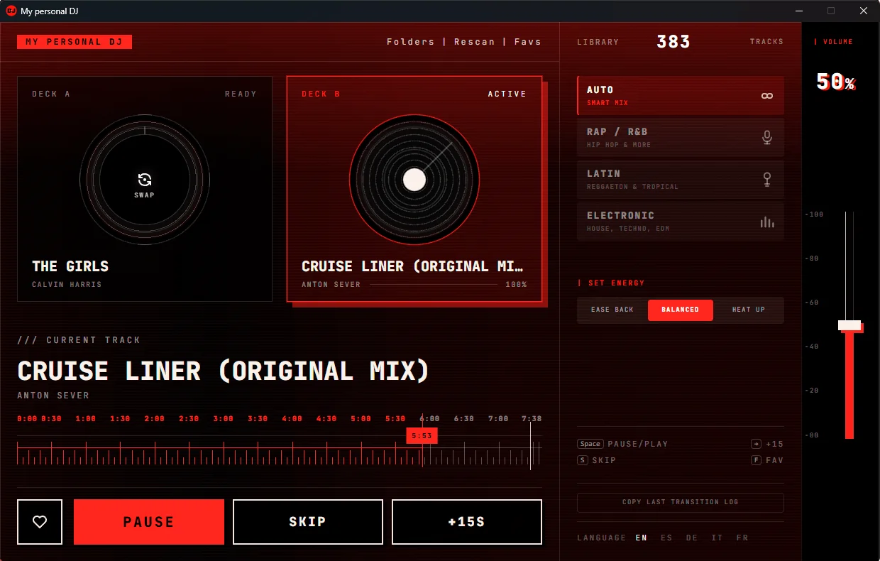 My Personal DJ - automatic DJ app for Windows showing local music library with automatic crossfade transitions