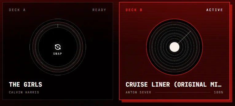 My Personal DJ automatic crossfade in progress - two-deck view showing track transition on Windows